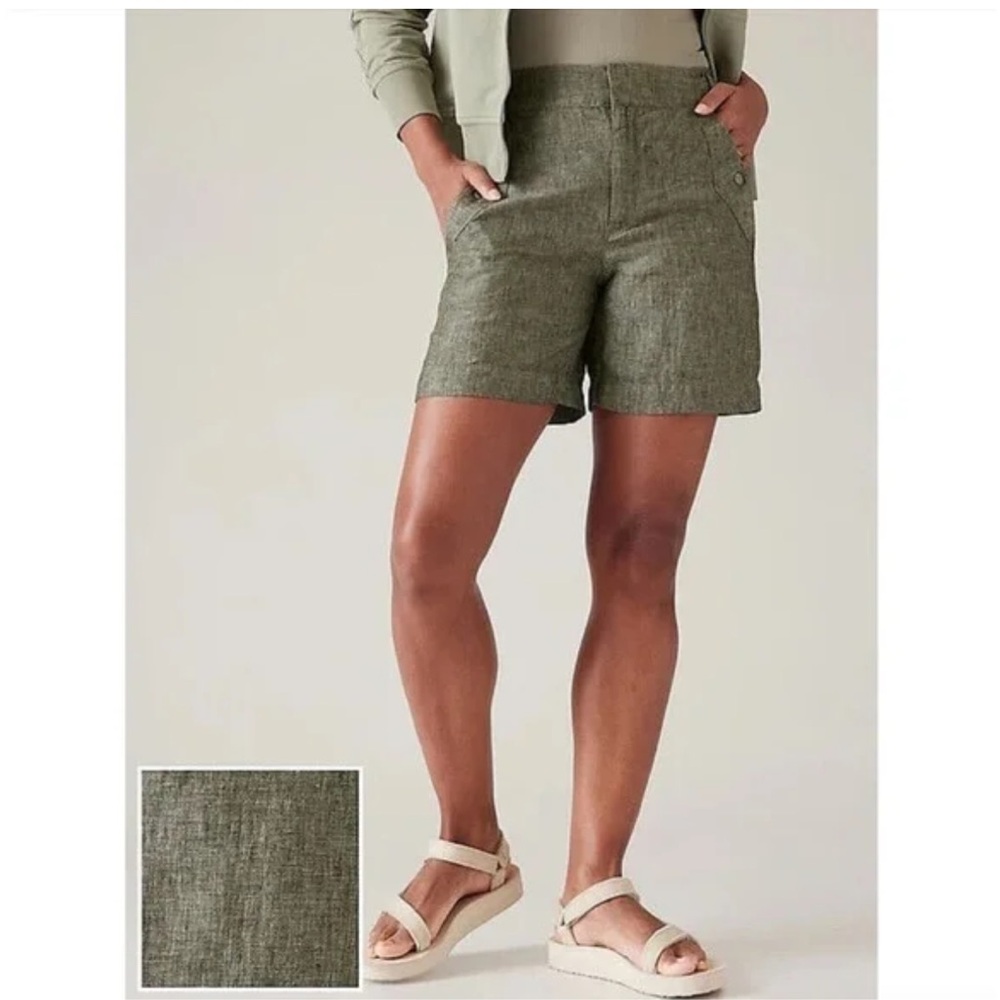 Athleta 100% Linen Shorts Olive Green Plus Size 20 Adjustable Waist‎ Relaxed Fit
